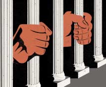 red hands justice columns as prison bars